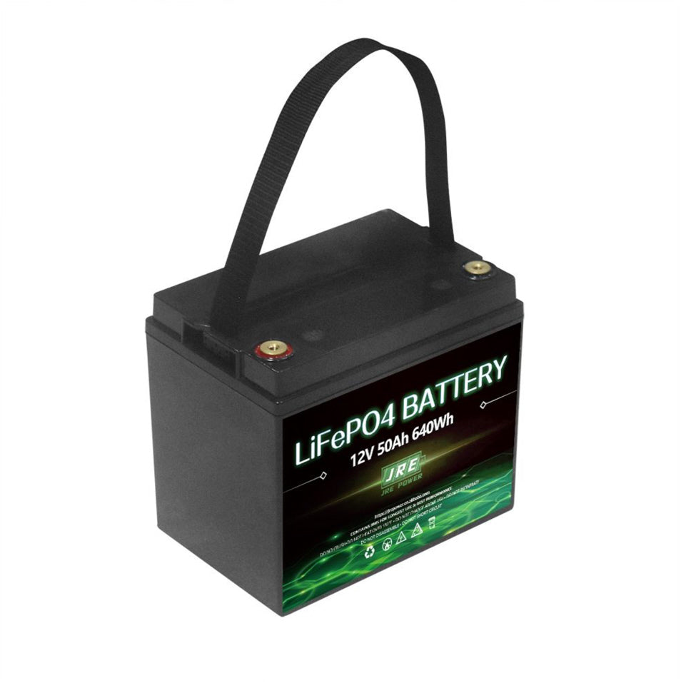 The JRE 50Ah 12.8V LiFePO4 Battery with BMS and Bluetooth combines compact size with impressive performance. Perfect for VW campers/vans as an under-seat battery, motorhomes, boats, yachts, stationary setups, and solar systems. Technical specifications include dimensions of L195xB133XH171mm, a charging voltage of 14.6V, a maximum charging current of 50A, a lifespan of over 4000 cycles, a weight of 5.5 KG, and a generous 5-year warranty. 