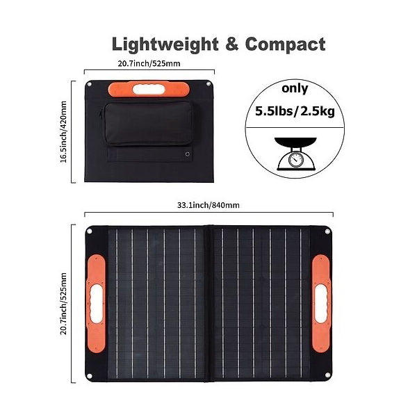 Das faltbare 60W Solarpanel ist ideal für mobile Anwendungen. Mit nur 2,5 Kilogramm Gewicht und kompakten Abmessungen passt es perfekt in jeden Rucksack. Die flexiblen, bruchfesten Solarzellen und das ansprechende Design machen es zu einem funktionalen und optischen Highlight. Dank integrierter MC4-Stecker und USB5V DC18V Type-C9V Ausgang können Sie Ihre Geräte umweltfreundlich unterwegs laden.