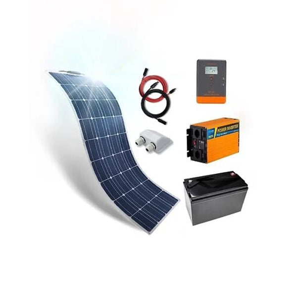 Das Solarset Flexi bietet eine komplette Lösung mit einem ultraleichten und flexiblen 180-Watt-Flachmodul, optimiert durch einen 20A MPPT Solarladeregler und eine leistungsstarke 100Ah 12,8-Volt-LiFePo4 Batterie mit BMS und Bluetooth-Überwachung. Der mitgelieferte 1000-Watt-Wechselrichter ermöglicht den Betrieb elektrischer Geräte auch ohne Netzanschluss. Das Set beinhaltet eine Dachdurchführung und ein Solarkabel mit 3 Metern und MC4 Stecker für eine einfache Installation.