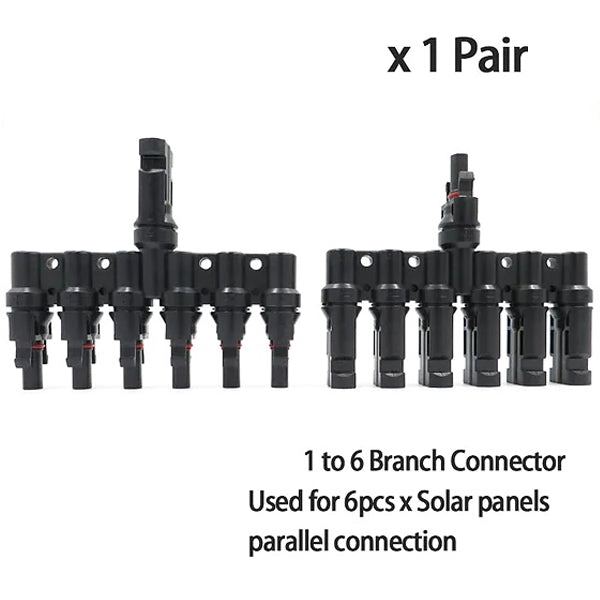 Das Solar Y6 Verbindungsadapter-Paar für 4-6mm² Solarkabel mit 6auf1 MC Typ 4 ermöglicht eine zeitsparende und zuverlässige Verkabelung von Solarpanelen. Die hochwertigen Adapter bieten eine schnelle und unkomplizierte Montage, was die Installation Ihrer Solaranlage besonders effizient macht.