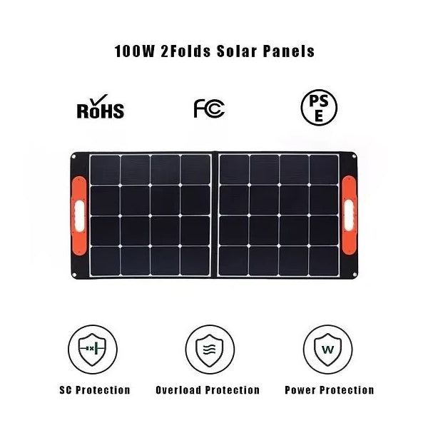 The foldable 100W solar panel is perfect for travel, camping, and garden use. Highly efficient, flexible solar cells ensure robustness, even in adverse weather. Meticulous craftsmanship and water-resistant design guarantee reliability and longevity. With integrated MC4 connectors and USB5V DC18V Type-C9V output, it's environmentally friendly and versatile.