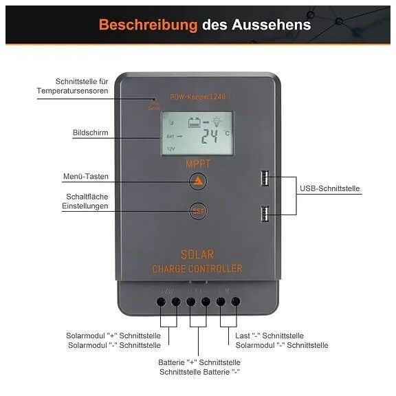 Laderegler – Der Solarladeregler 40A MPPT 12V / 24V ist ein leistungsstarkes Gerät, das die maximale Ausbeute aus Ihren Solarmodulen herausholt. Mit automatischer Batteriespannungserkennung ist er einfach zu bedienen und für 12V oder 24V Systeme geeignet. Die fortschrittliche MPPT-Technologie gewährleistet eine Tracking-Effizienz von mindestens 99,5 %, sodass Ihre Solarmodule stets effektiv arbeiten und Sie die maximale Energie nutzen können