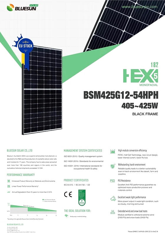 Mit dem Deye Hybrid OnGrid Solar-Komplettset erzeugen Sie 6 kW eigenen Solarstrom. Enthalten sind 14 Bluesun Blackframe Module à 425 Watt, ein Deye SUN5 Hybrid 3-Phasen-Wechselrichter, elegante schwarze Montageschienen, Schrauben, Klemmen, 40 Meter Solar Kabel und MC4 Stecker. DEKRA-zertifizierte Bluesun Module überstehen hohe Schnee- und Windlasten. Der dreiphasige Deye Hybrid-Wechselrichter gewährleistet Sicherheit und Zuverlässigkeit bei niedriger Batteriespannung von 48 V 