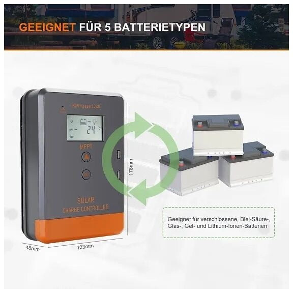 Laderegler – Der Solarladeregler 20A MPPT 12V / 24V ist ein leistungsstarkes Gerät, das die maximale Ausbeute aus Ihren Solarmodulen herausholt. Mit automatischer Batteriespannungserkennung ist er einfach zu bedienen und für 12V oder 24V Systeme geeignet. Die fortschrittliche MPPT-Technologie gewährleistet eine Tracking-Effizienz von mindestens 99,5 %, sodass Ihre Solarmodule stets effektiv arbeiten