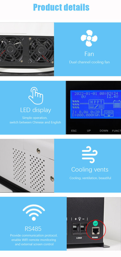 Supersolar's MPPT Charge Controller GL / 40 AMP combines modern design with advanced MPPT technology. With an ultra-fast tracking speed and 99.5% efficiency, it excels in energy conversion. This versatile charge controller intelligently adapts to various battery types, optimizing charging performance and extending battery life. 