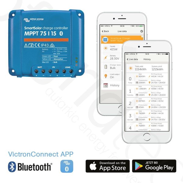 The Victron Smartsolar 75/15 MPPT Solar Charge Controller from Victron Energy provides reliable charging for 12V and 24V batteries with a maximum charging current of 15A. The Smart version comes with integrated Bluetooth, eliminating the need for an additional Bluetooth dongle. The integrated Bluetooth allows wireless setup, monitoring, and updates using Apple and Android devices. 