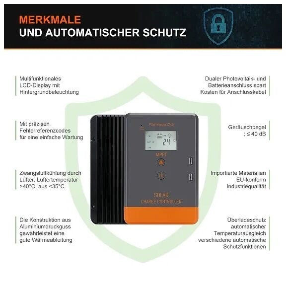 Charge Controller – The Solar Charge Controller 20A MPPT 12V/24V is a powerful device designed to maximize the output from your solar panels. With automatic battery voltage detection, it is easy to use and suitable for both 12V and 24V systems. The advanced MPPT (Maximum Power Point Tracking) technology ensures a tracking efficiency of not less than 99.5%, meaning your solar panels operate effectively, extracting maximum energy. 