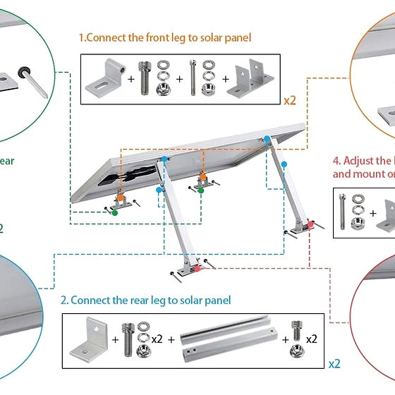 Robust, adjustable mounting feet for quick and secure solar panel installation. High-quality aluminum construction ensures excellent stability. Ideal for open-field or flat roof installations. Package includes: 2 short, 2 long supports, 4 rubber pads, screw set.