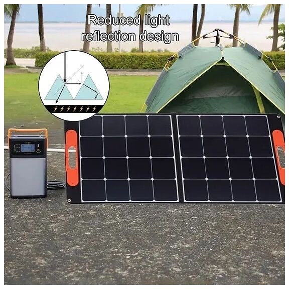 The foldable 100W solar panel is perfect for travel, camping, and garden use. Highly efficient, flexible solar cells ensure robustness, even in adverse weather. Meticulous craftsmanship and water-resistant design guarantee reliability and longevity. With integrated MC4 connectors and USB5V DC18V Type-C9V output, it's environmentally friendly and versatile.