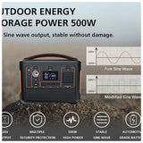 The portable power station features a robust LifePo4 battery of 568Wh and a 600W inverter, making it perfect for on-the-go or providing power during home power outages. Technical specifications include a lithium-ion battery of 568Wh, a pure sine wave inverter of 600W (with a peak power of 1000W), and multiple connection options, including a DC solar port for an optional solar panel. 